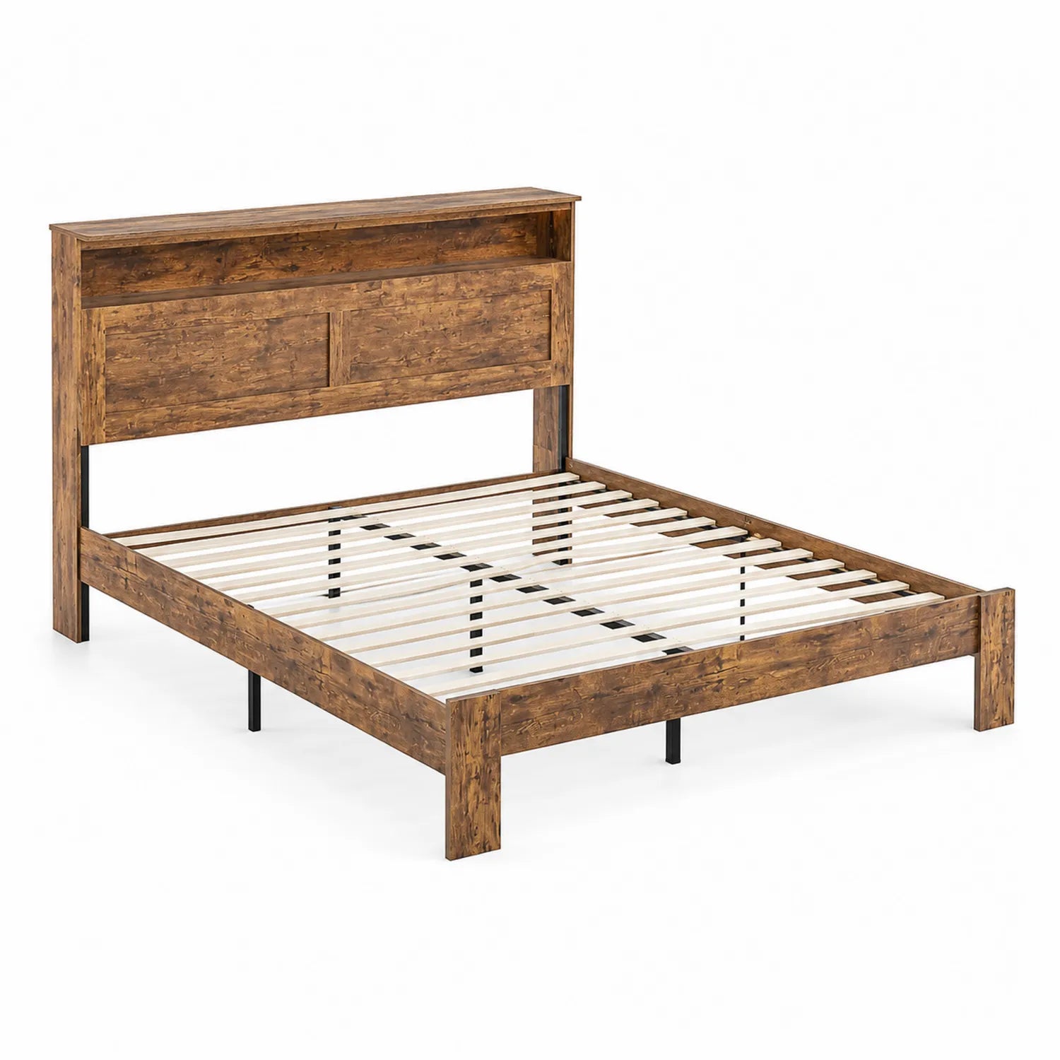 Cama doble de madera contrachapada y metal con cabecero estante 200x150 cm Marrón