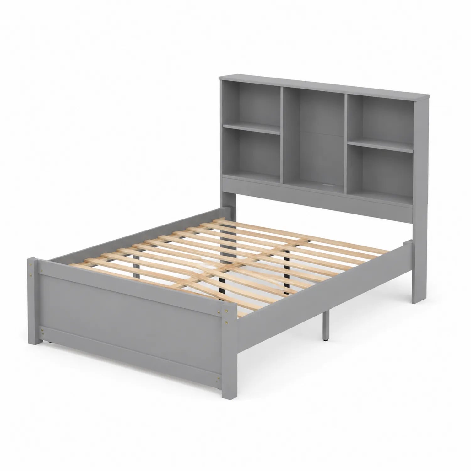 Cama individual de madera MDF gris con cabecero estantería 200x100 cm