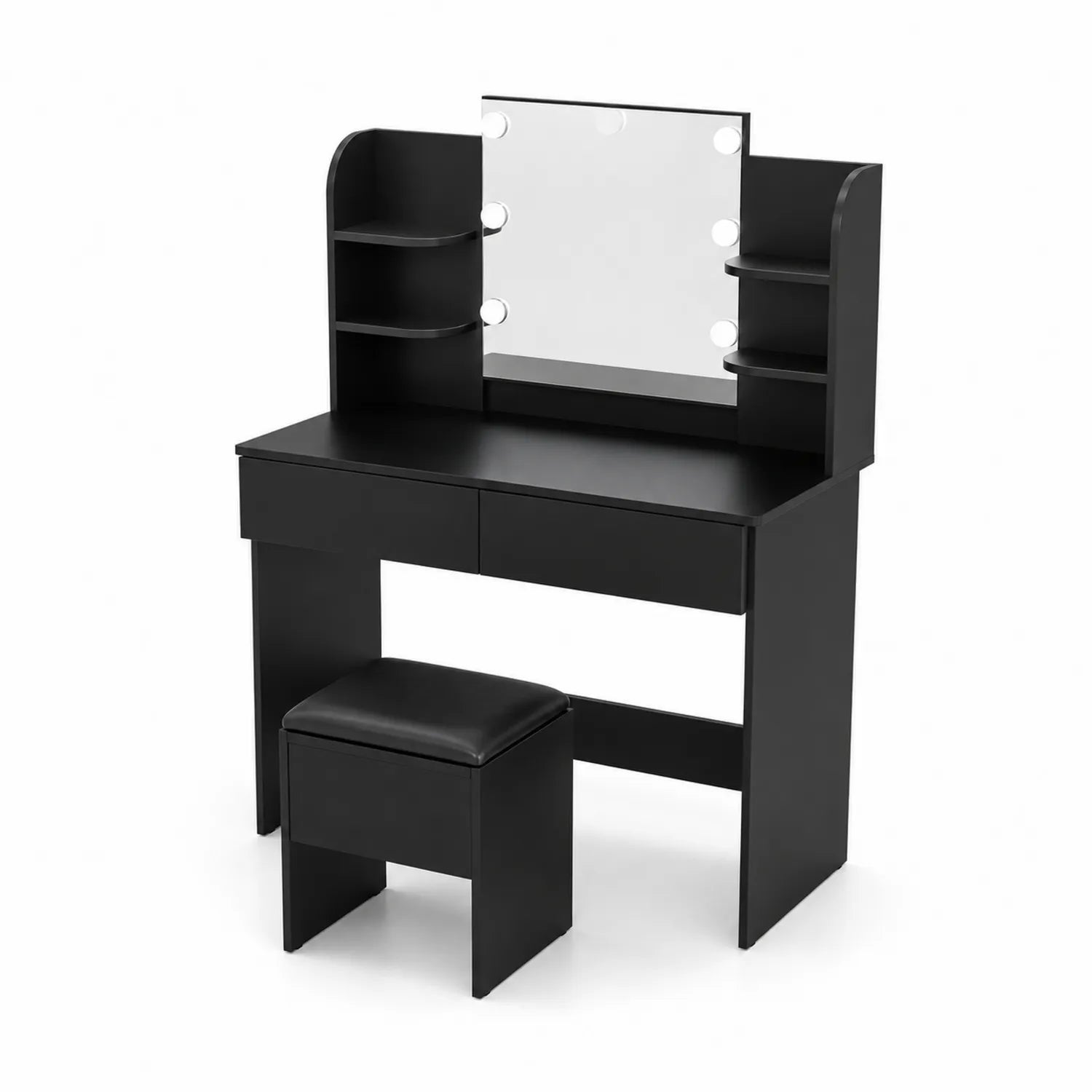 Tocador de MDF con Espejo de Vidrio y Luces LED, Negro, con Taburete