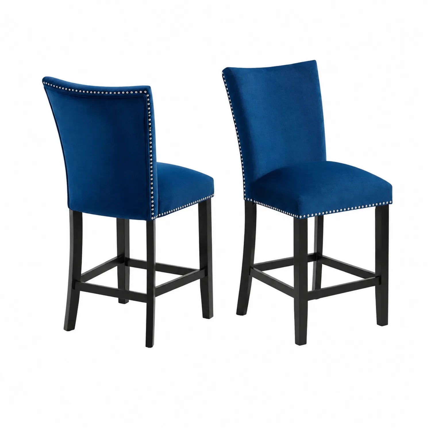Taburetes de bar de terciopelo azul con estructura de madera, 2 piezas