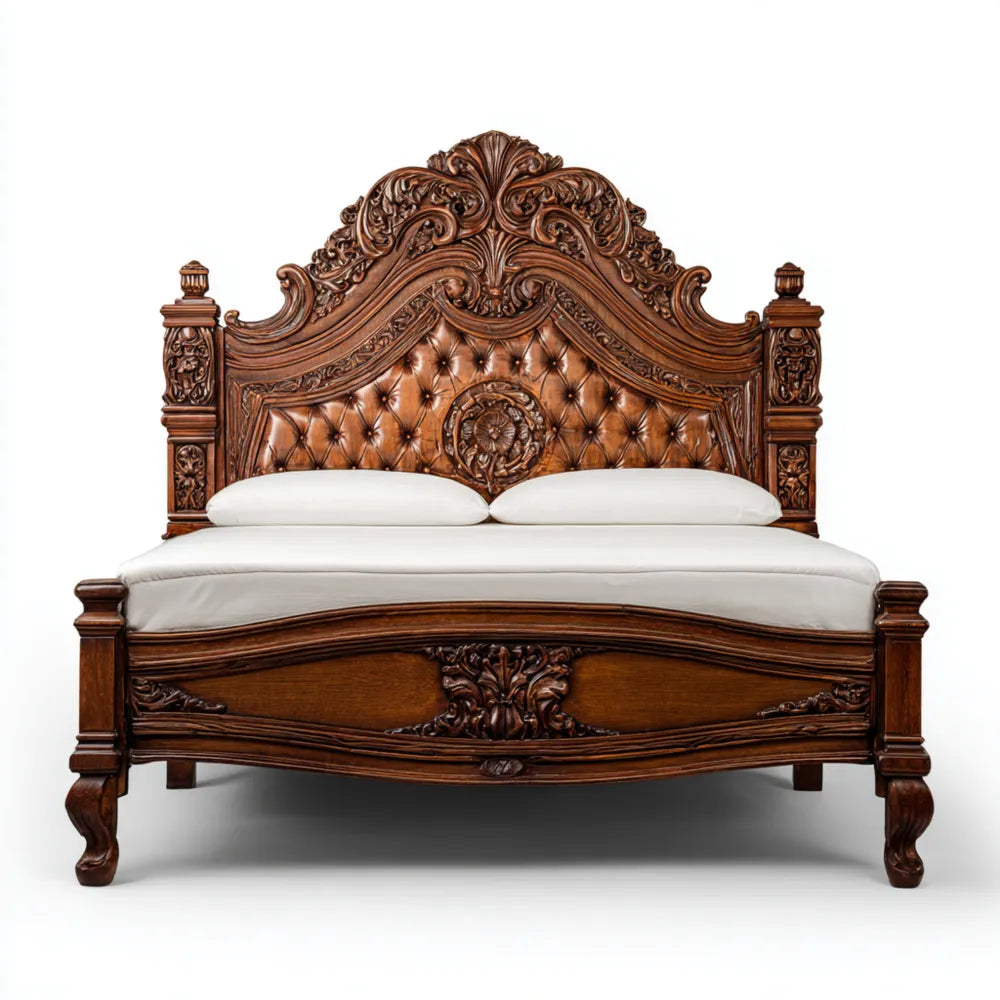 Wooden Double Bed - Carved Design 160x200x160 cm - Brown - Classic Style