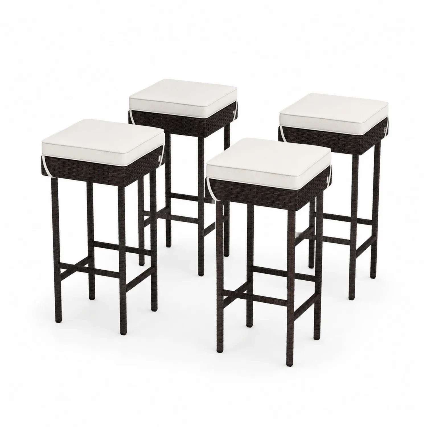 Conjunto de 4 taburetes de ratán con cojines, altura 75 cm, Marrón y Crema