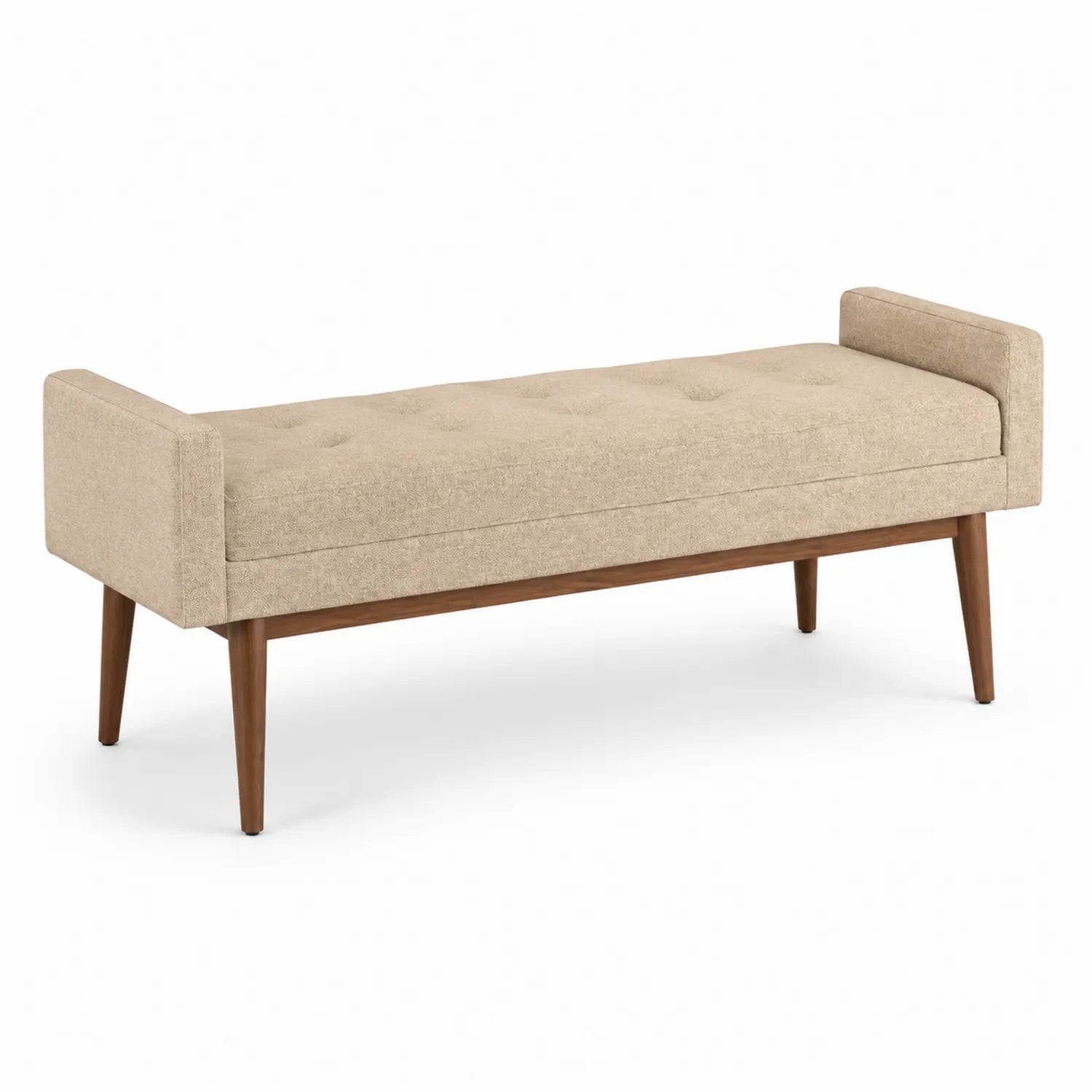 Banco tapizado de poliéster beige con patas de madera de haya