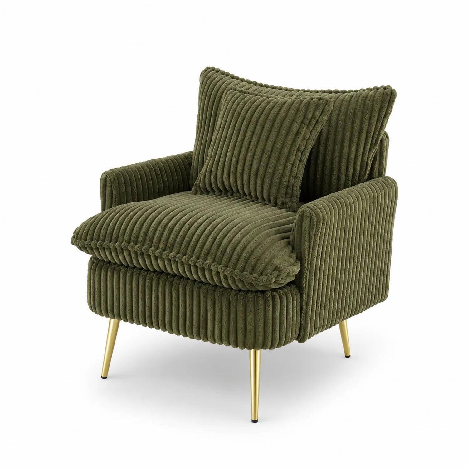 Sillón de pana verde con patas de metal dorado