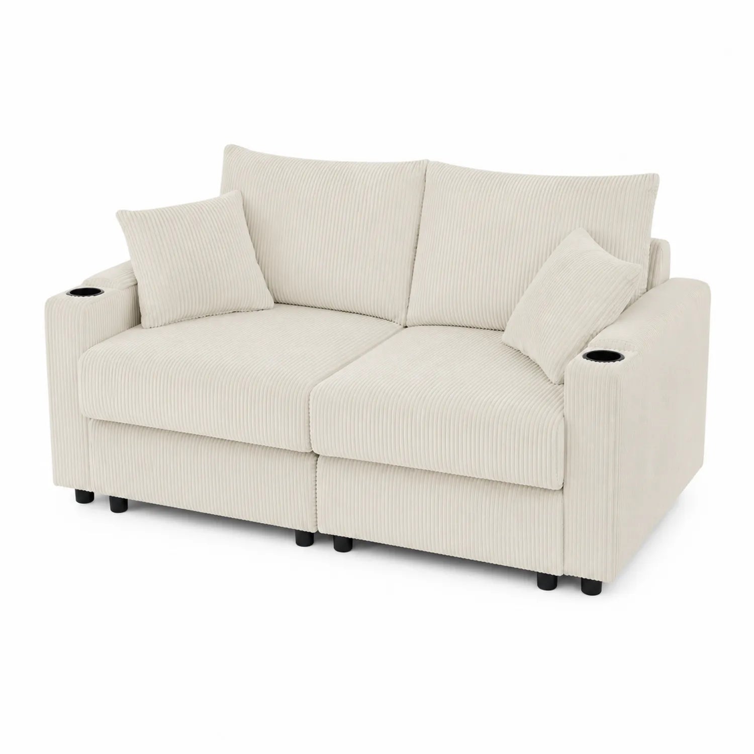 Sofá de dos plazas de pana beige con reposabrazos