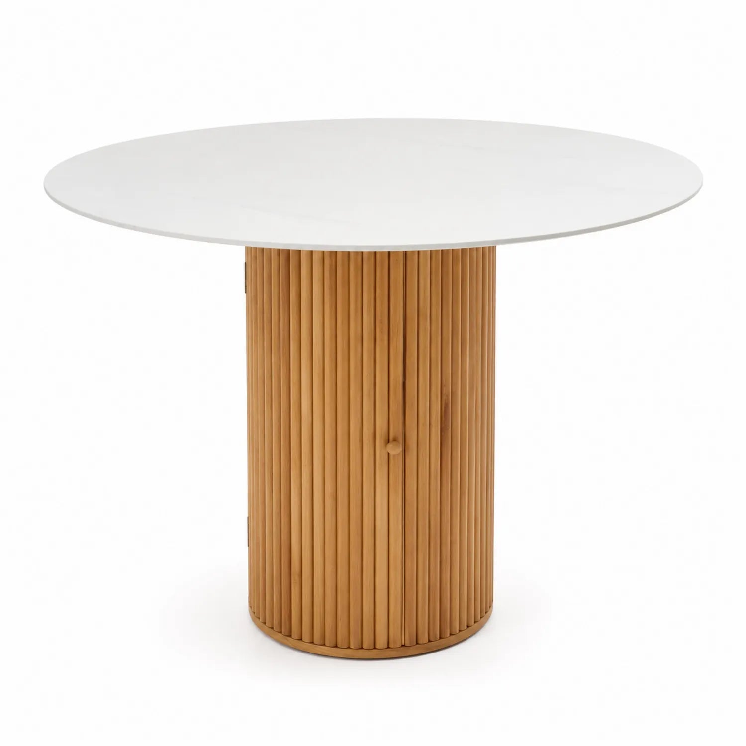Mesa redonda de mármol blanco con base de madera