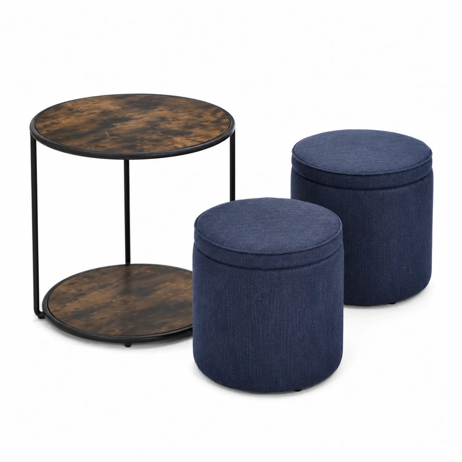 Conjunto de Mesa Redonda y Pufs Azul y Madera