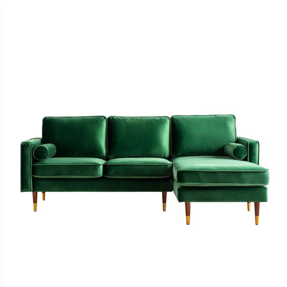Sectional Sofa Velvet Upholstery – 220x85x80 cm – Emerald Green – Mid-Century Modern