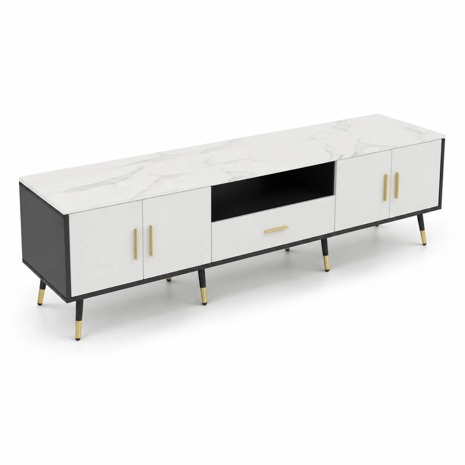 Mueble de TV de Madera y Metal con Acabado Mármol, 160 cm, Blanco y Negro