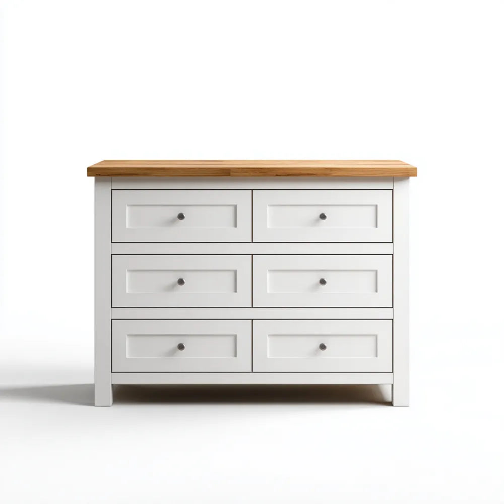 Chest of Drawers 120x45x80 cm Wooden Top 6-Drawer White/Natural Wood - Classic Design