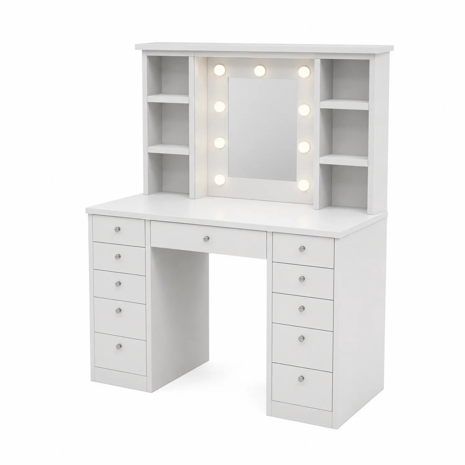 Tocador de madera con espejo iluminado y estantes blancos