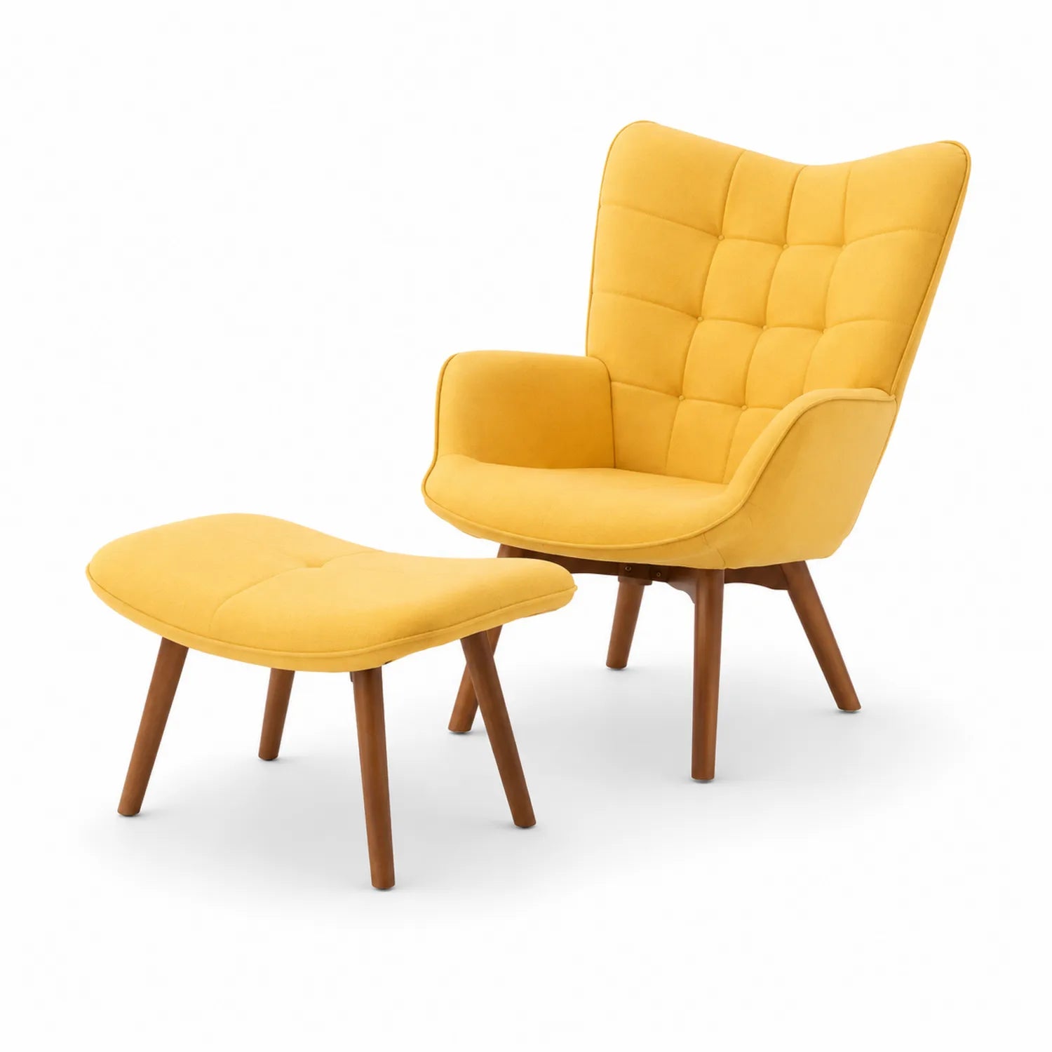 Sillón de Tela Amarilla con Reposapiés y Patas de Madera