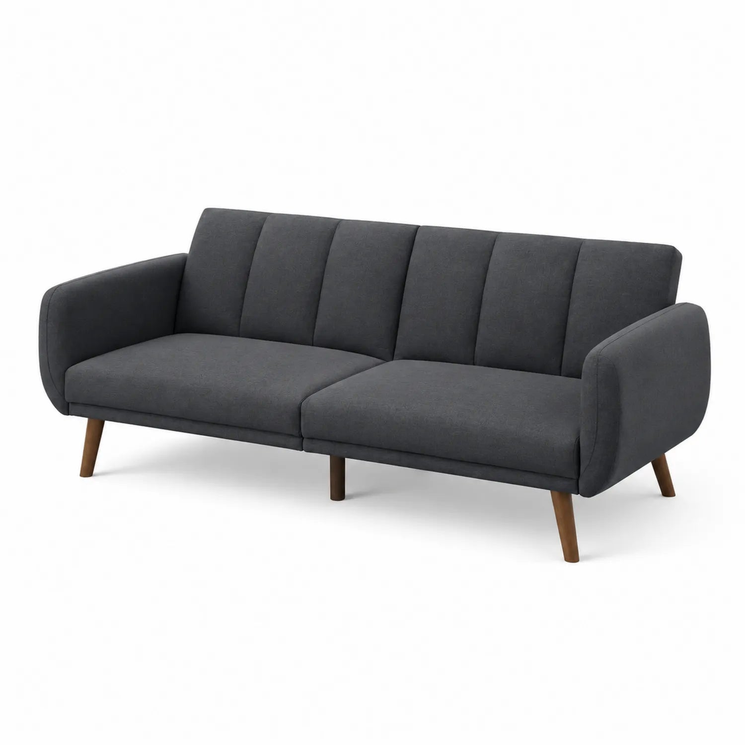 Sofá de poliéster gris oscuro con patas de madera de haya