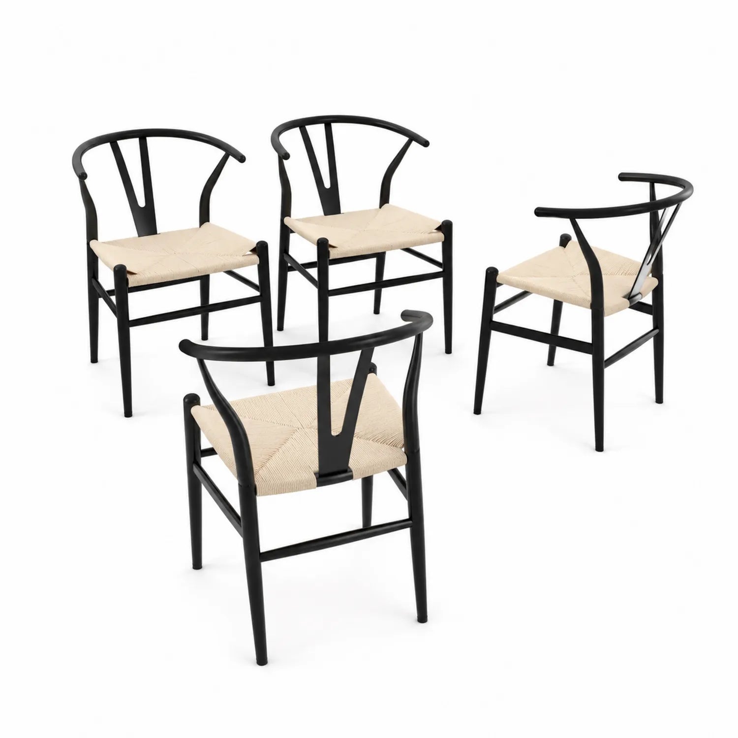 Sillas de comedor de madera y cuerda de papel set de 4 en Negro y Beige