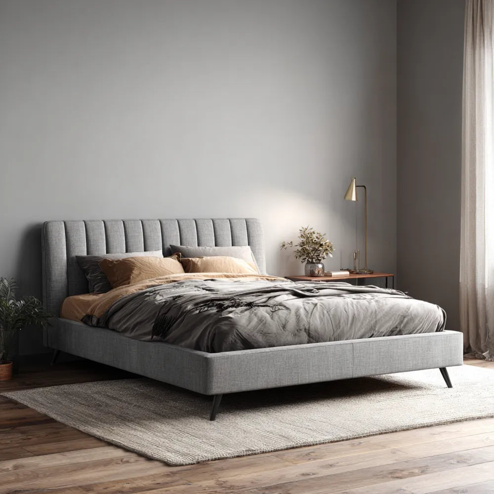 Double Bed Upholstered Fabric 200x160x100 cm - Light Grey - Modern Style