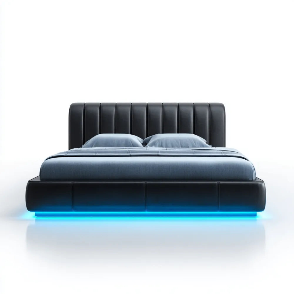 Double Bed 210x160x95 cm Faux Leather with LED Light Black - Modern Style